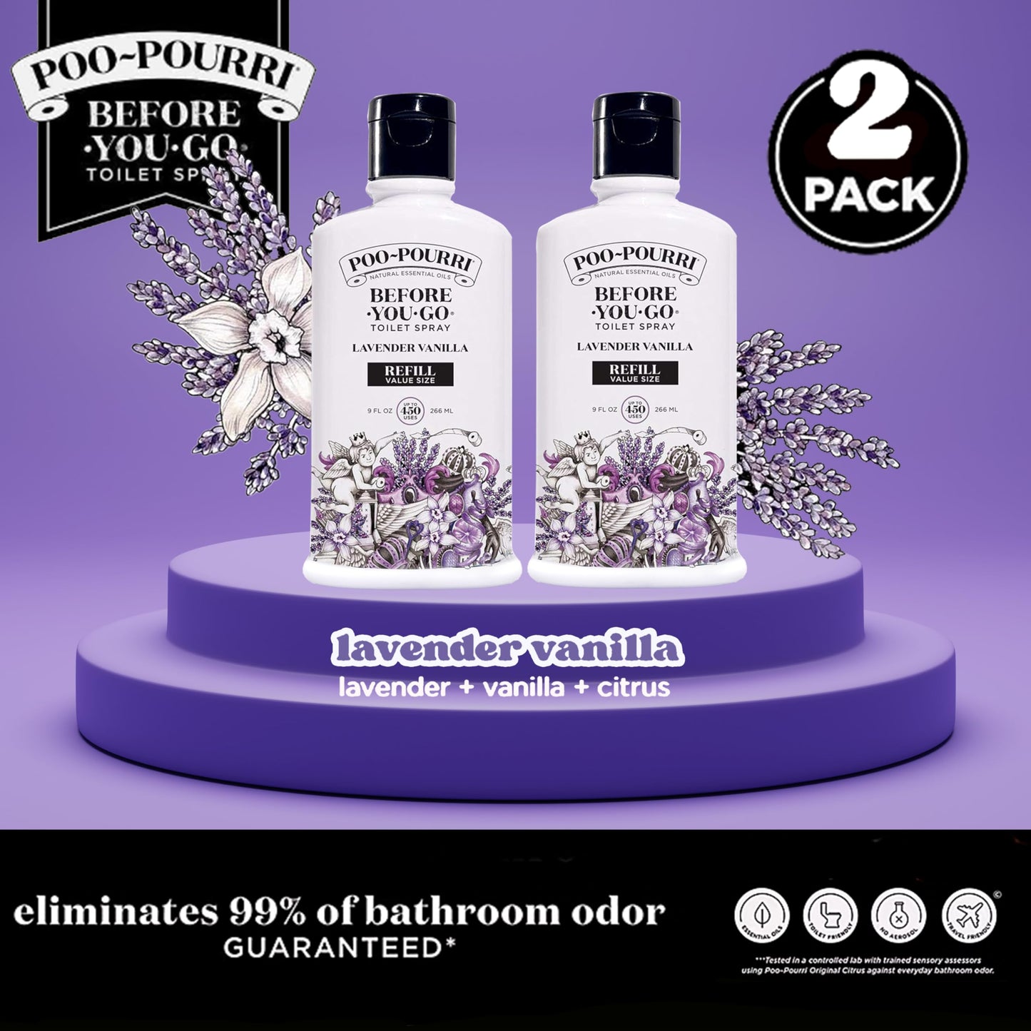 Poo-Pourri, Before-You-Go Toilet Spray, Original Lavender Vanilla - 4 oz, 2 Pack