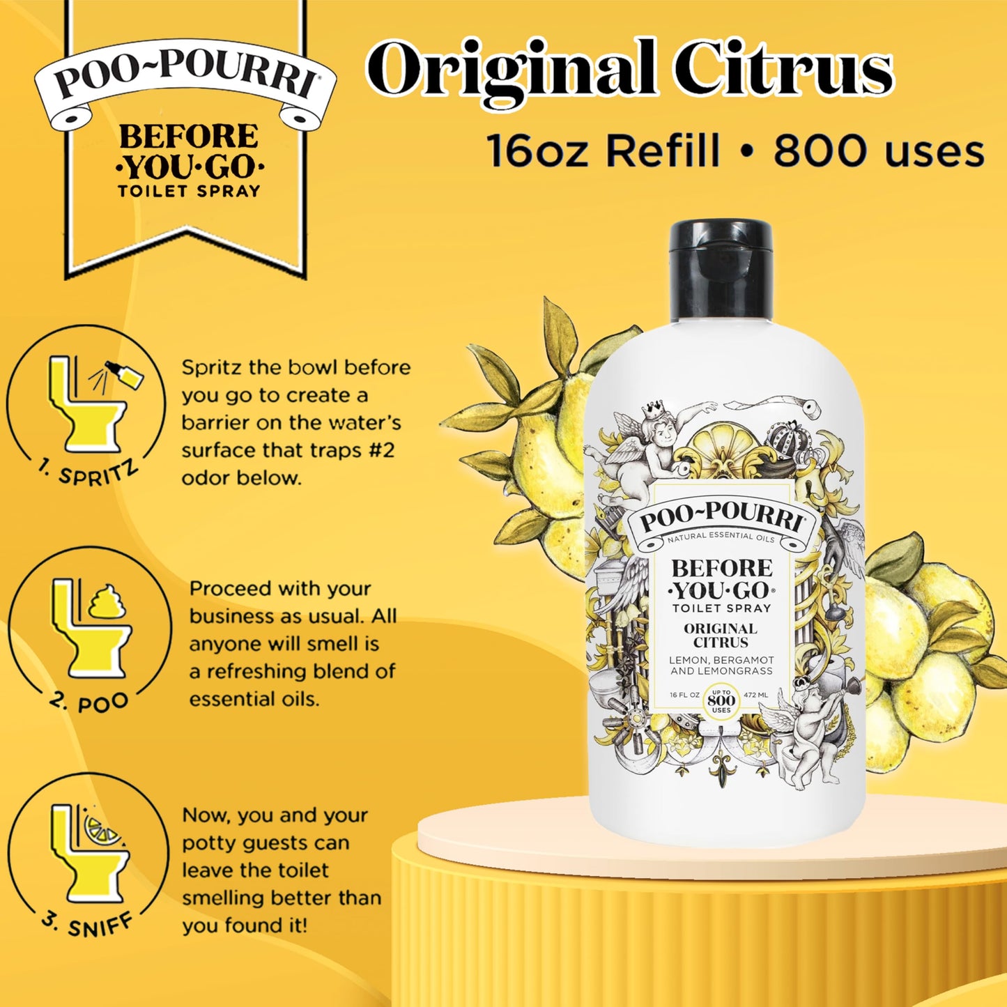 Poo-Pourri Before-You-Go Toilet Spray, Original Citrus, Refill Bottle 16 Fl Oz - Lemon, Bergamot and Lemongrass